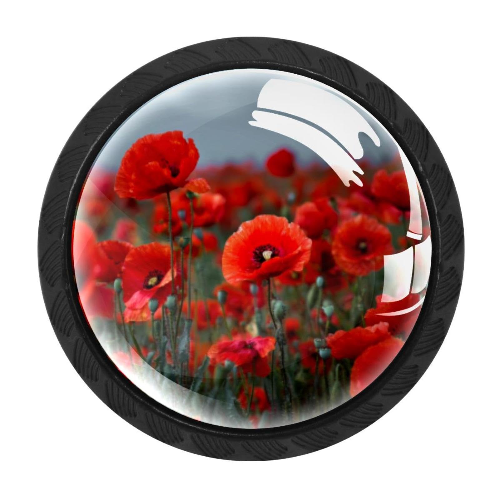 CHENZZZZ 4 Pack Cabinet Handles Black Poppy Flower Field red Cabinet Knobs Draw