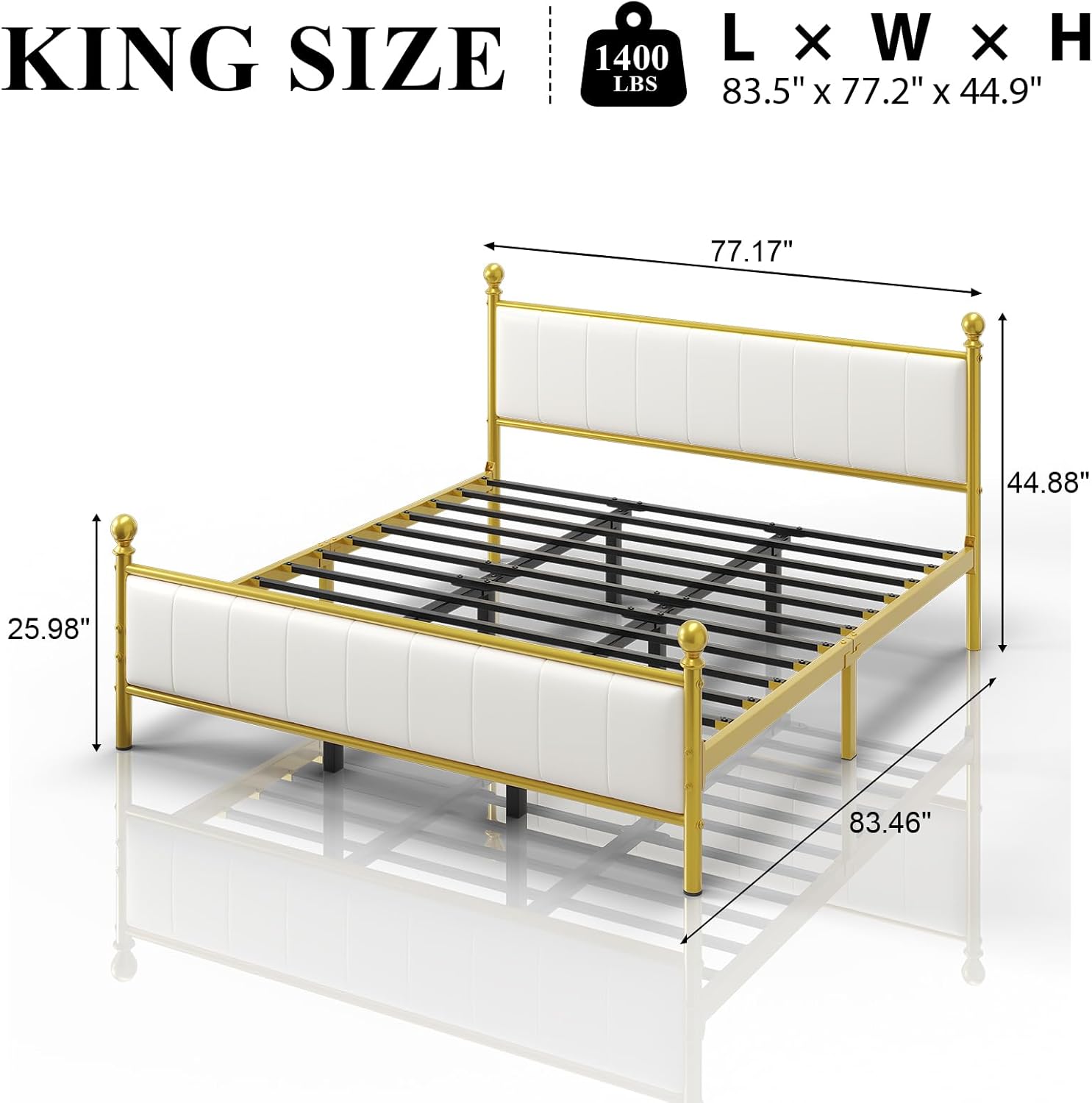 HAY.com King Size Bed Frame with Headboard and Footboard, PU Leather Upholstered Platform Bed Supported by Metal Slats, No Box Spring Needed, Easy Assembly, Gold/Beige