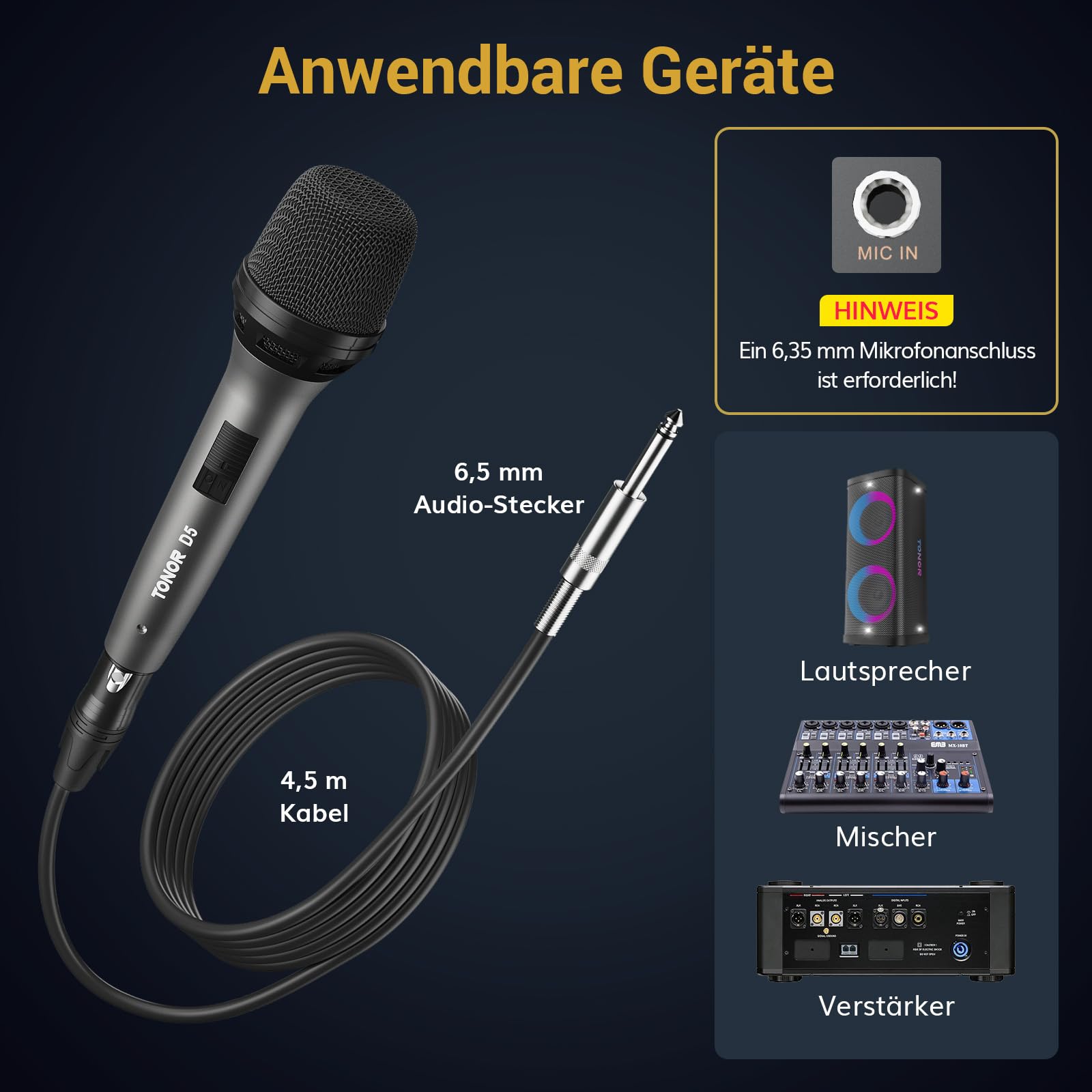 TONOR Dynamisches Mikrofon, Gesangsmikrofon zum Singen, tragbares Karaoke Maschine Anlage, Nieren-Studiomikrofon mit 4,5M XLR, Mikro mic für Fernseher/Studio/Mixer und Outdoor-Aktivitäten
