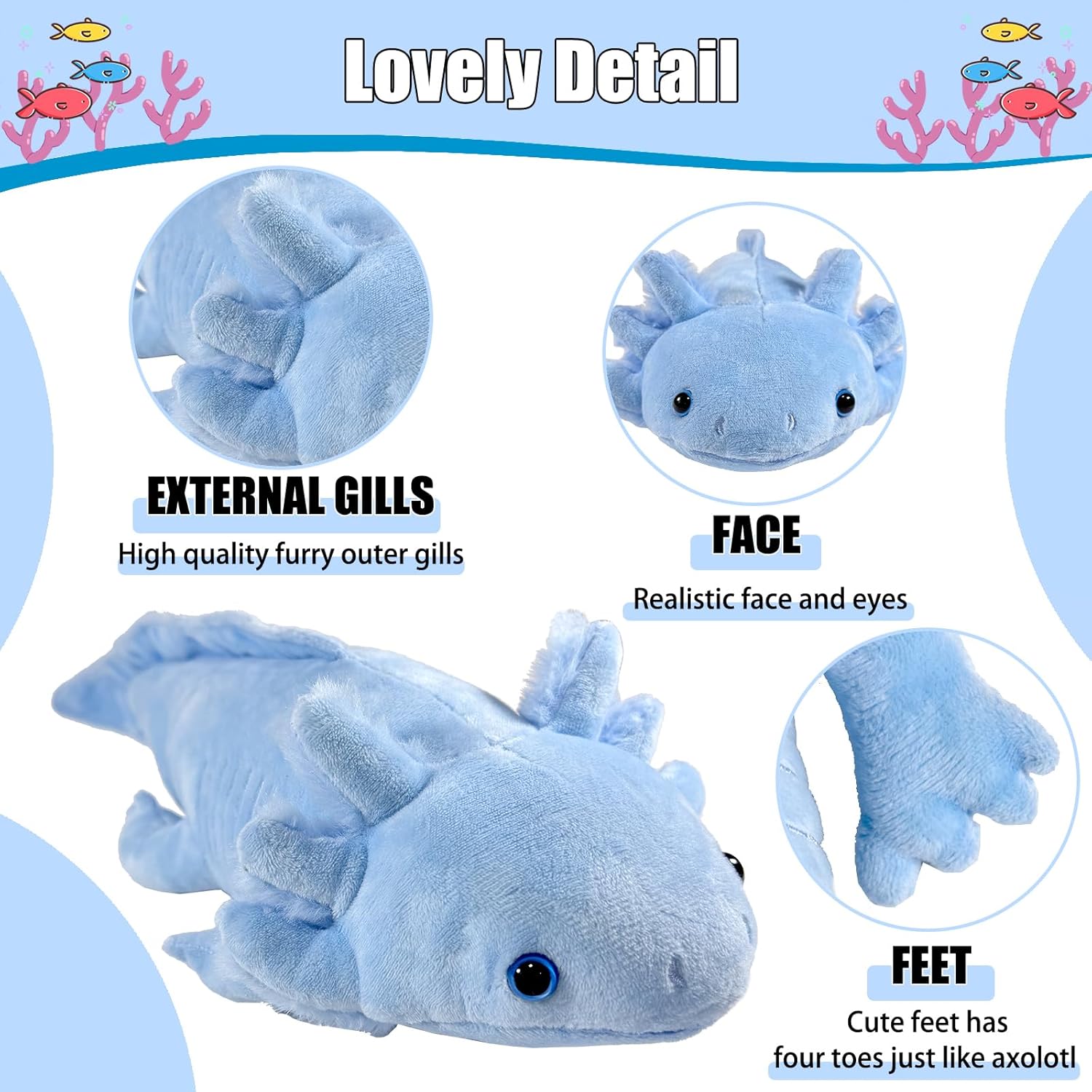 Axolotl Stuffed Animal, Cute Axolotl Plush Toy, 19” Soft Plushie Stuffed Animal Pillow, Kawaii Plushies for Kids Boys Girls Youth Gift (Blue)