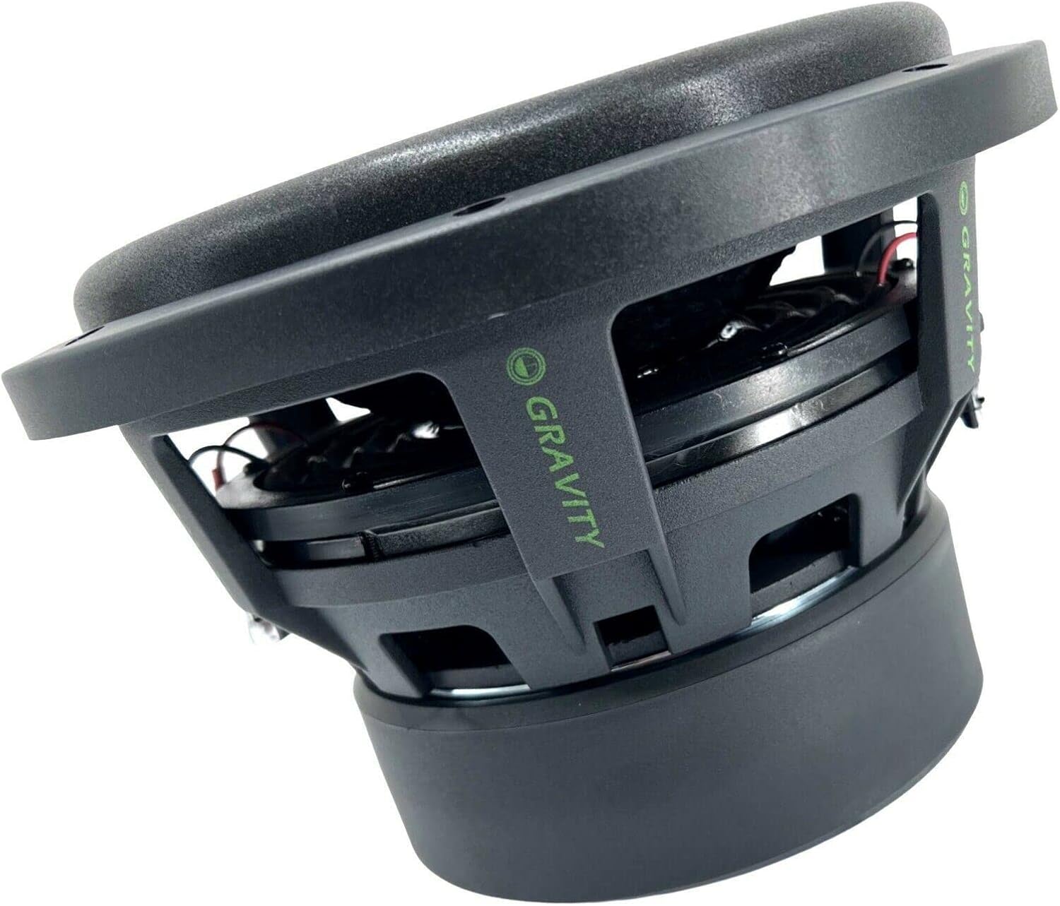 Side view of the Gravity 10-inch subwoofer, showing the depth and mounting points.