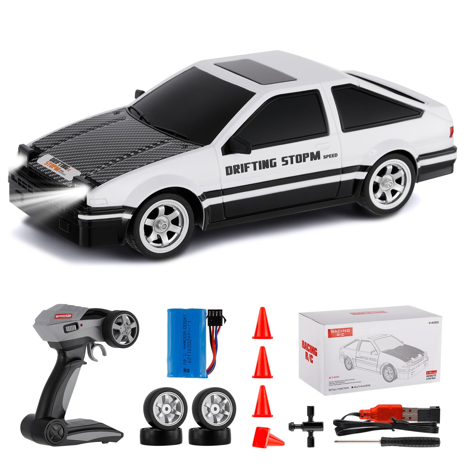 Goolsky RC Drift Car 2.4GHz 1:16 Scale 4WD High Speed Remote Control Cars Vehicle with LED Lights Two Batteries and Drifting Tires Racing Sport Toy Cars for Adults