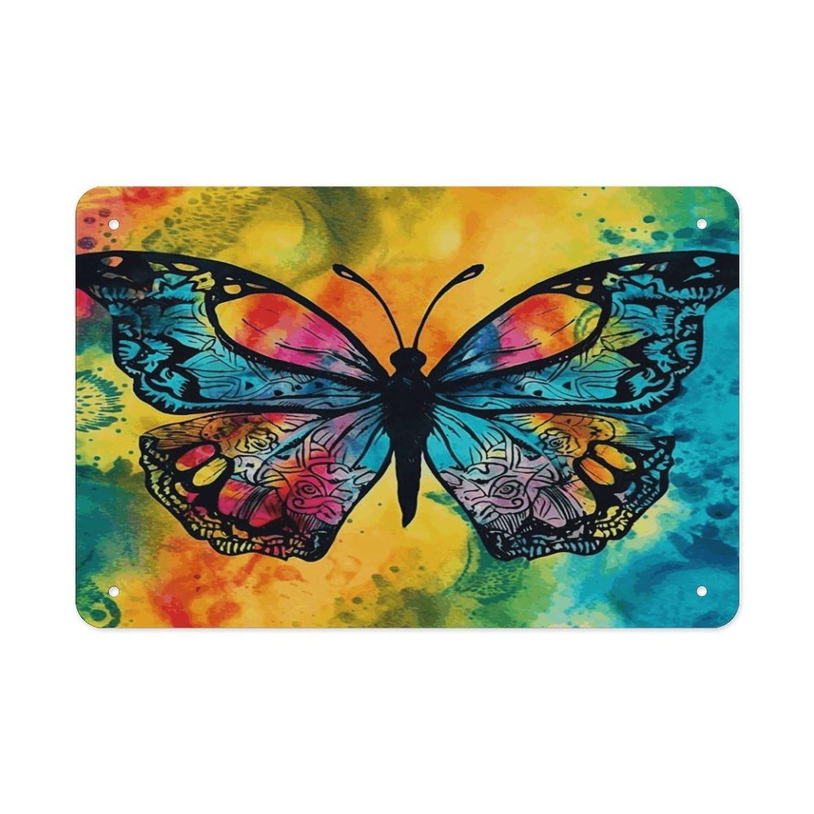 Butterfly Tie Dye Metal Tin Sign 12"x8" Wall Art Prints Poster Decorative Picture Metal Signboard Decor Painting Folded Edge Iron Sheet Painting with Holes for Wall Decor