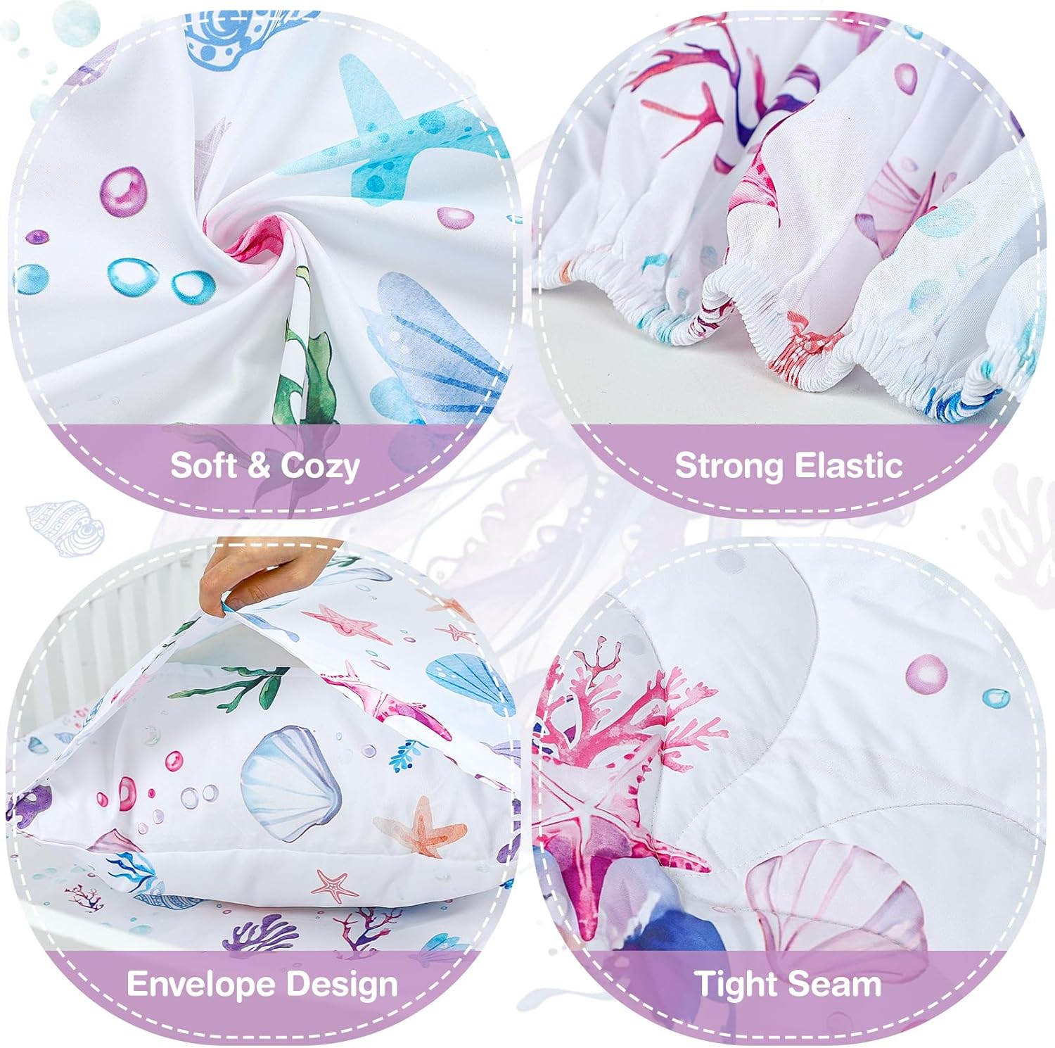 Toddler Bedding Set for Girls, 4 Piece Toddler Bedding Sets Purple Toddler Bed Comforter Set Includes Soft Reversible Comforter, Fitted Sheet, Flat Sheet, Envelope Pillowcase, Ocean Mermaid