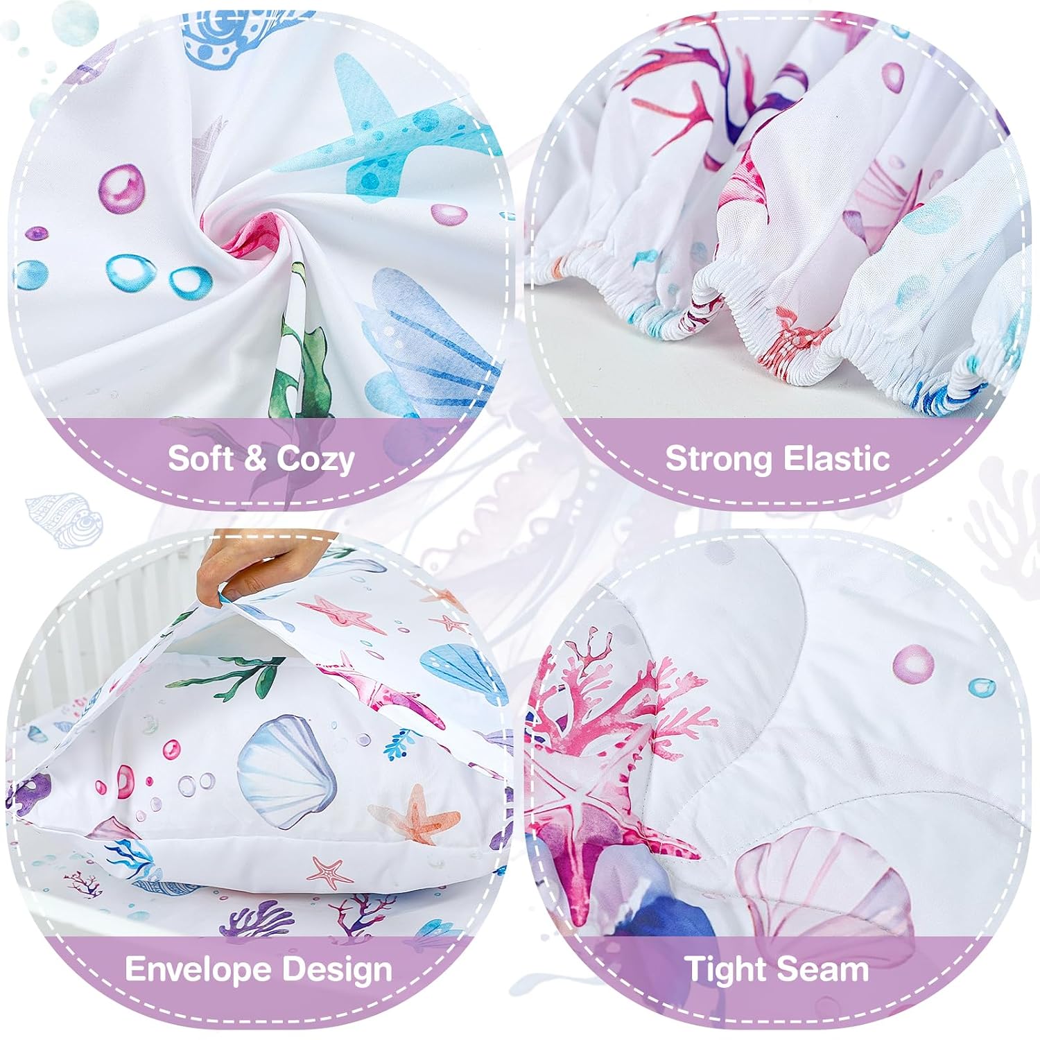 Crib Sheets, Toddler Bedding Set for Girls, 4 Piece Toddler Bedding Sets Purple Toddler Bed Comforter Set Includes Soft Reversible Comforter, Fitted Sheet, Flat Sheet, Envelope Pillowcase
