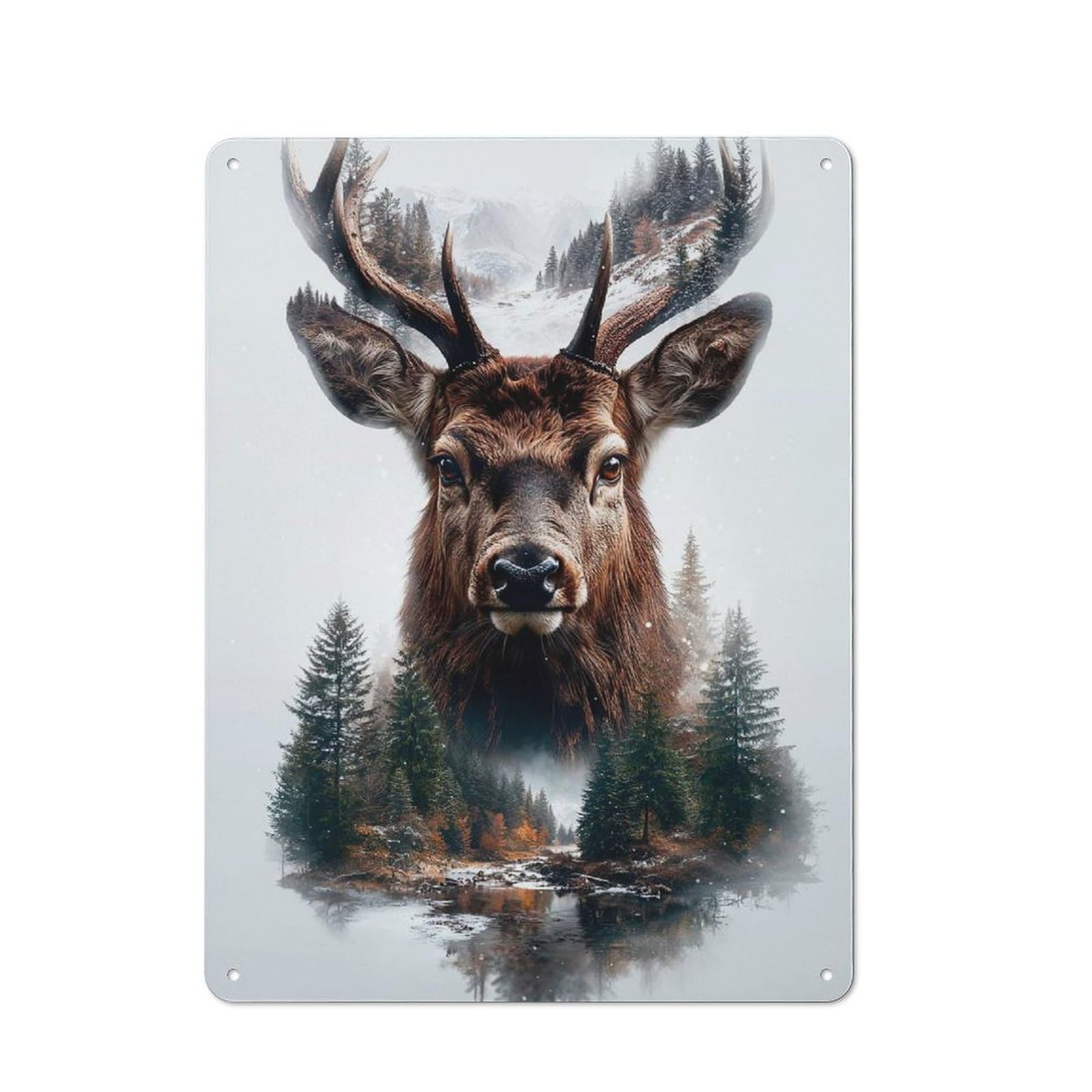 Vintage Vintage Metal Sign 40x30cm Featuring Deer in Winter Forest, Room Wall Plaque for Flat, Dorm Room, Lounge Or Cafe