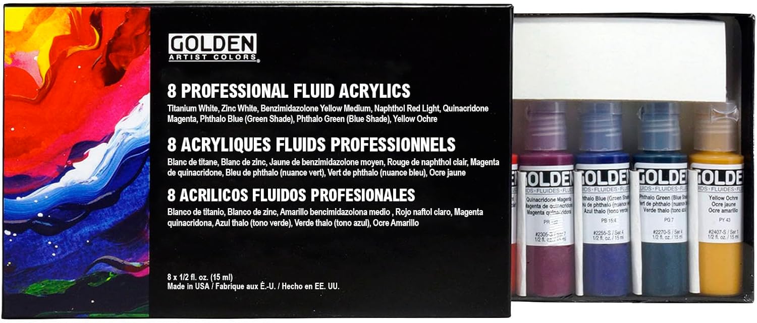 GOLDEN Fluid Acrylics, Select Professional Fluid Set, 8 Color, 1/2 fl. oz. Bottles, Professional Acrylic Paint