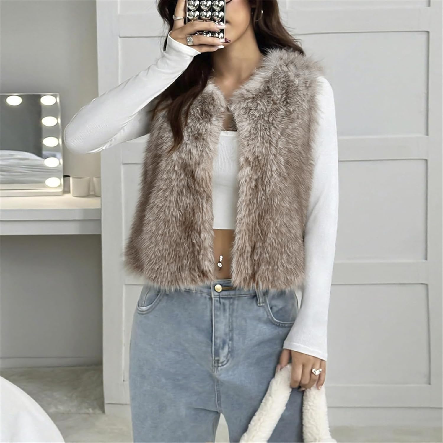 Women's Autumn Winter Sleeveless Faux Fur Open Front Cardigan Vest Coat Soft Waistcoat Jacket Outwear - Image 3