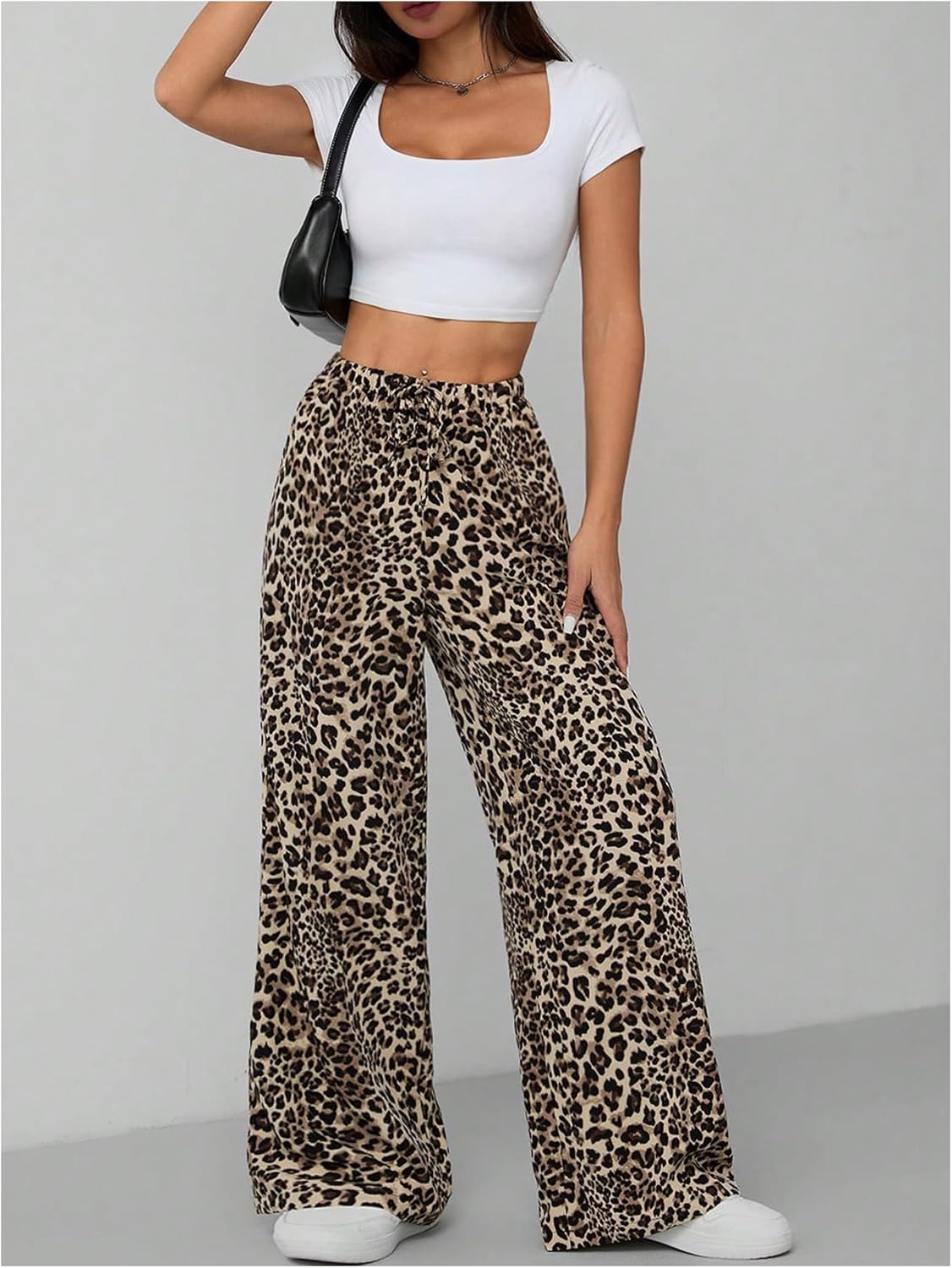 Floerns Women's Drawstring Waist Leopard Print Trousers Tie Front Wide Leg Pants - Image 6