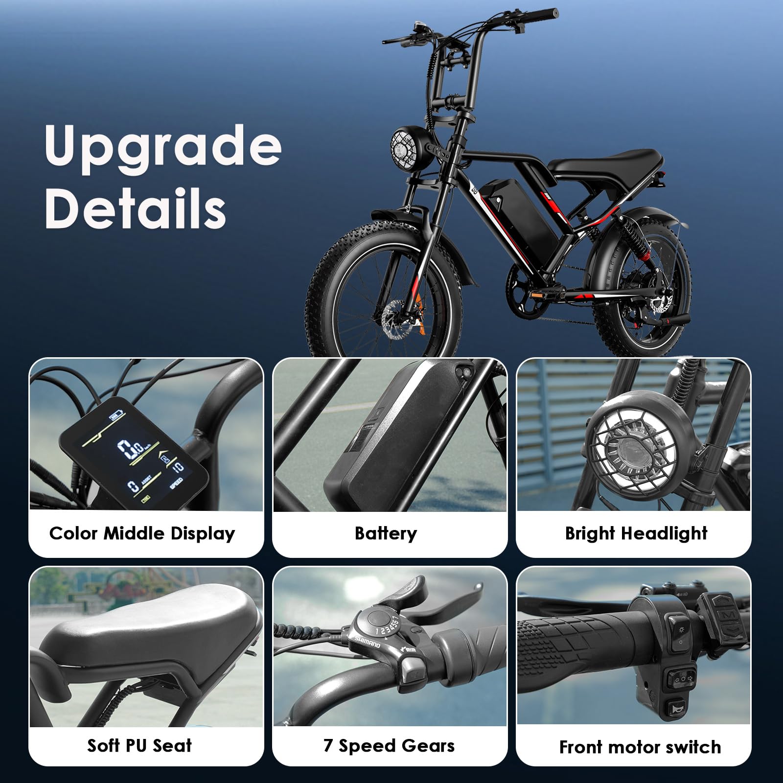 EGGKING Bicicletta Elettrica 20" x 4.0 Fat Tire, Doppia Sospensione e 7 Velocità Bici Elettrica, E-Bike per Adulti, Batteria Rimovibile 48V 17.5 Ah, Display e Controllo APP
