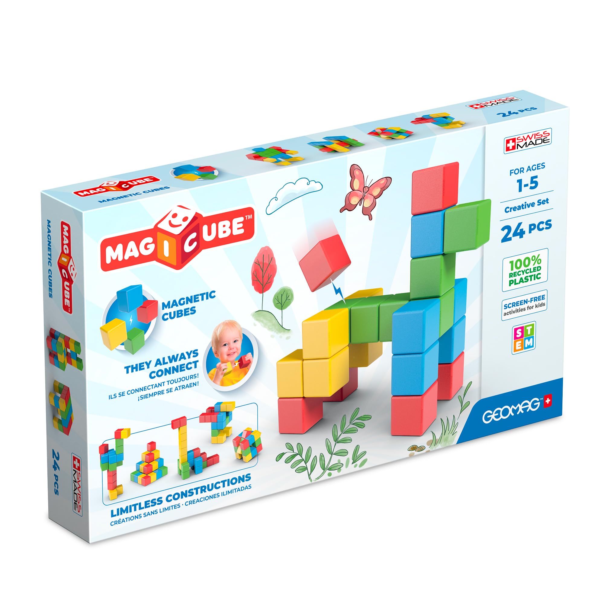 GEOMAG Bloques magnéticos 24 uds. 4 Colores, construcción magnética niños 1-5