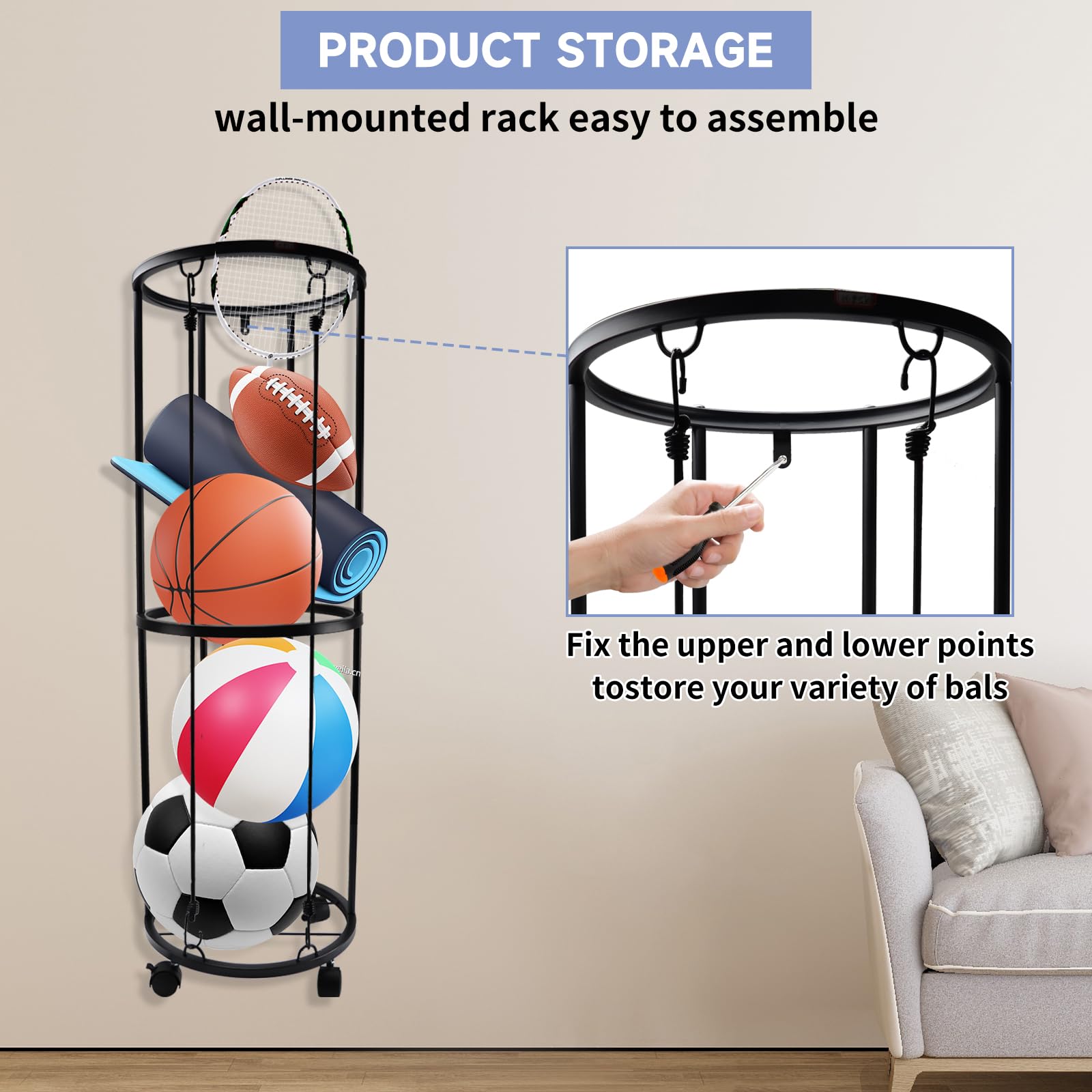 mumisuto 2 Niveles Soporte Balon Futbol, Soporte para Pelotas con Ruedas, Organizador Vertical de Equipos Deportivos, Almacenamiento de Bolas