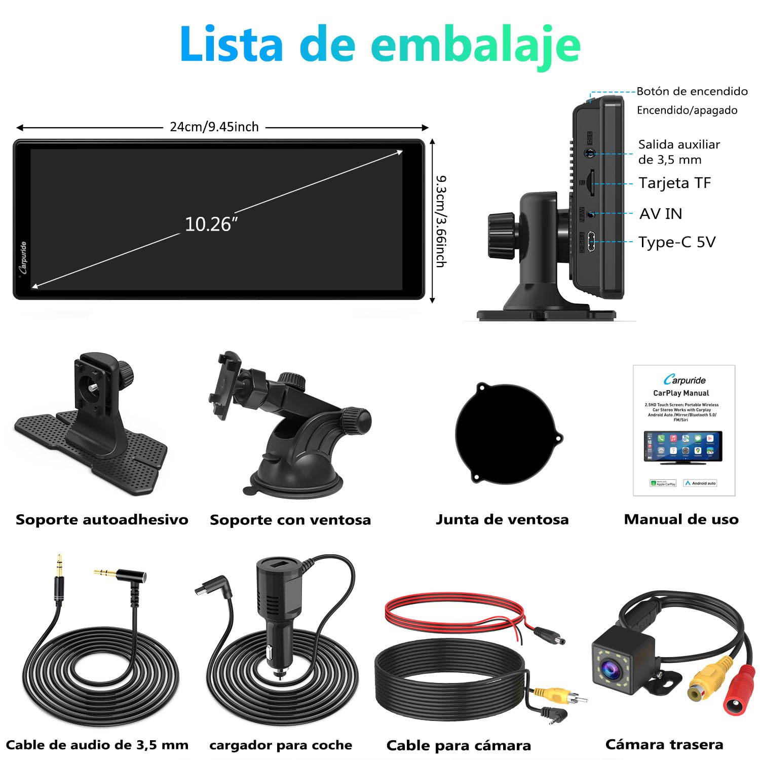 Carpuride V92R - Pantalla portátil Carplay inalámbrica y Android Auto, 10.26 Pulgadas 1080P HD Pantalla táctil Radio con cámara de Respaldo Real 720P/BT 5.0/Mirror Link Compatible con Montaje en