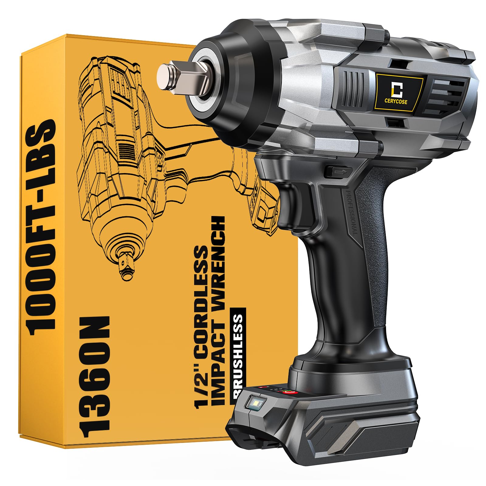 Cordless Impact Wrench 1000FT-LBS for Dewalt Battery, 1/2 inch Brushless Electric 1360N.m Impact Gun Includes LED Work Light, High Torque Impact Driver, Bare Tool Only
