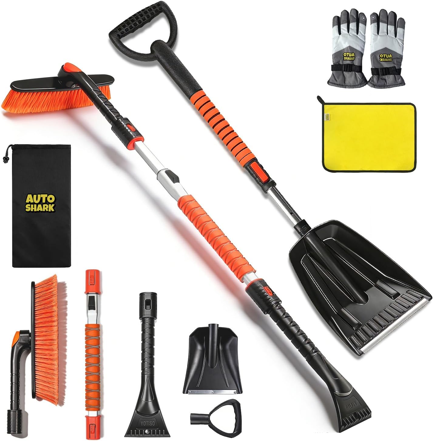 7 in 1 Snow Shovel & Snow Brush Kit, 47.2" Ice Scrapers & Snow Shovel Kit, Car and 360° Pivoting Car Scraper Snow, 7 in 1 Extendable Snow Brush with Foam Grip Glove.