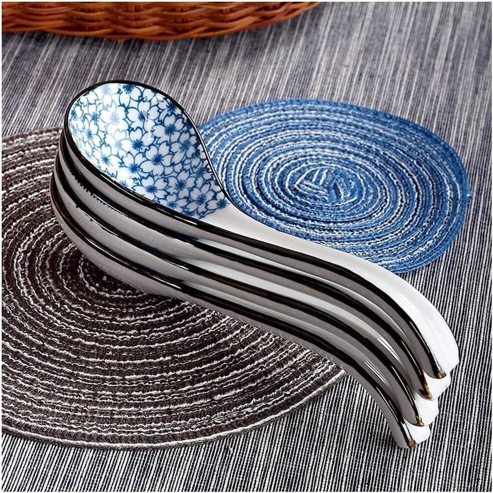 Japanese Style Ceramic Soup Spoon Set, 5 Pcs Long Handle Rice & Pasta Spoons, Elegant Handmade Flower Glaze, Versatile