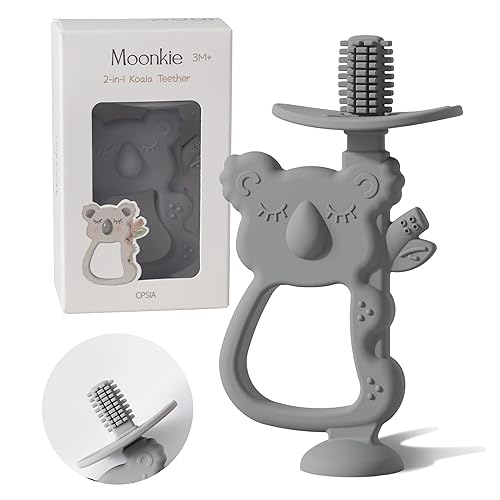 Miniatura 9 de Moonkie Juego de 2 juguetes de dentición, seguros y fáciles de sostener sin BPA, cepillo de dientes para bebé de 360° con base de succión, juguetes
