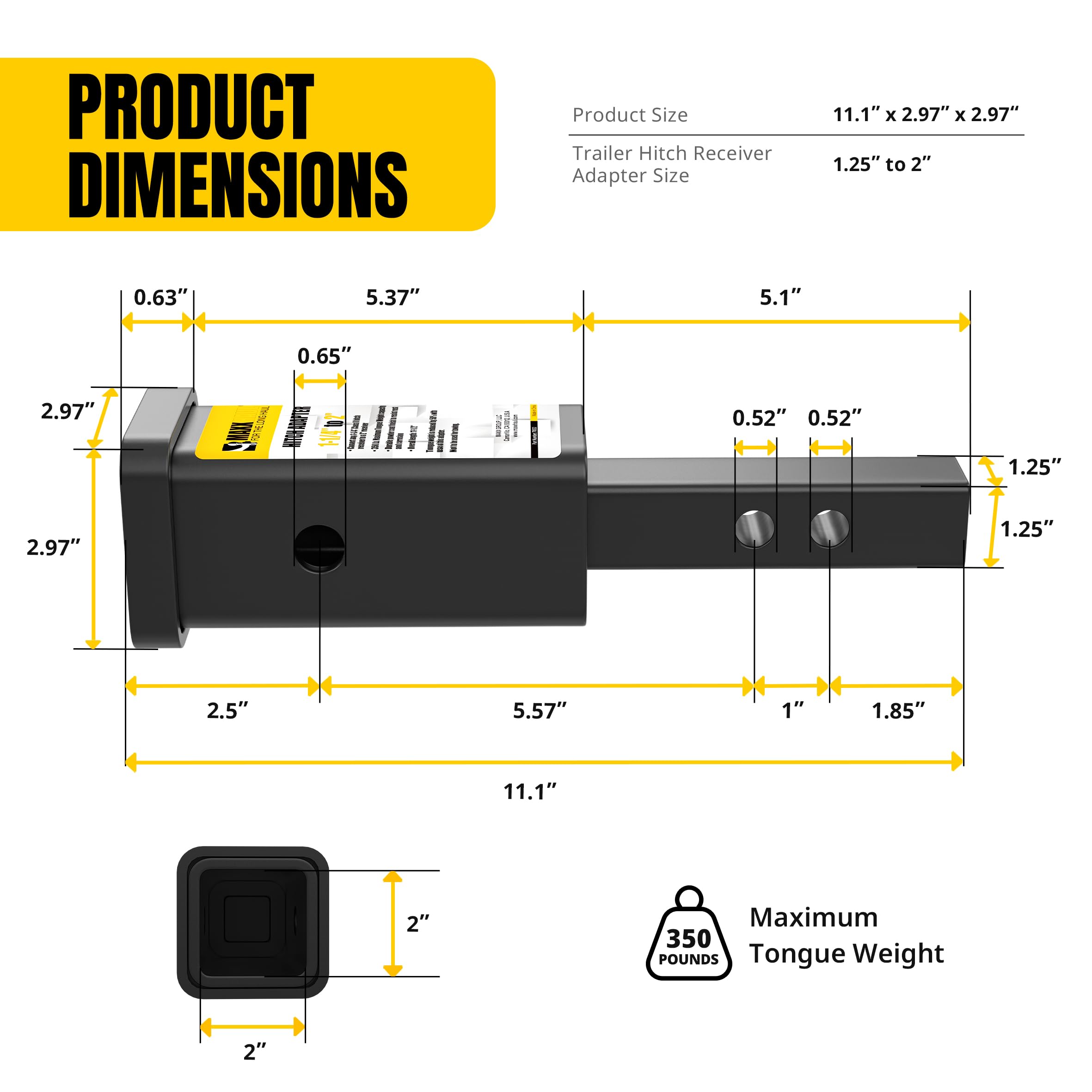 MaxxHaul 70032 Adaptateur récepteur d'attelage de remorque 1-1/4" à 5,1 cm
