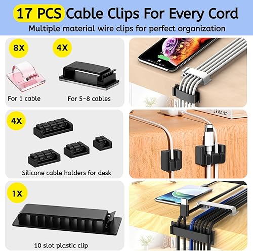 Miniatura 6 de 142 piezas Kit de organización de cables con caja de cables, caja organizadora de cables para escritorio y piso, clips adhesivos para cables,