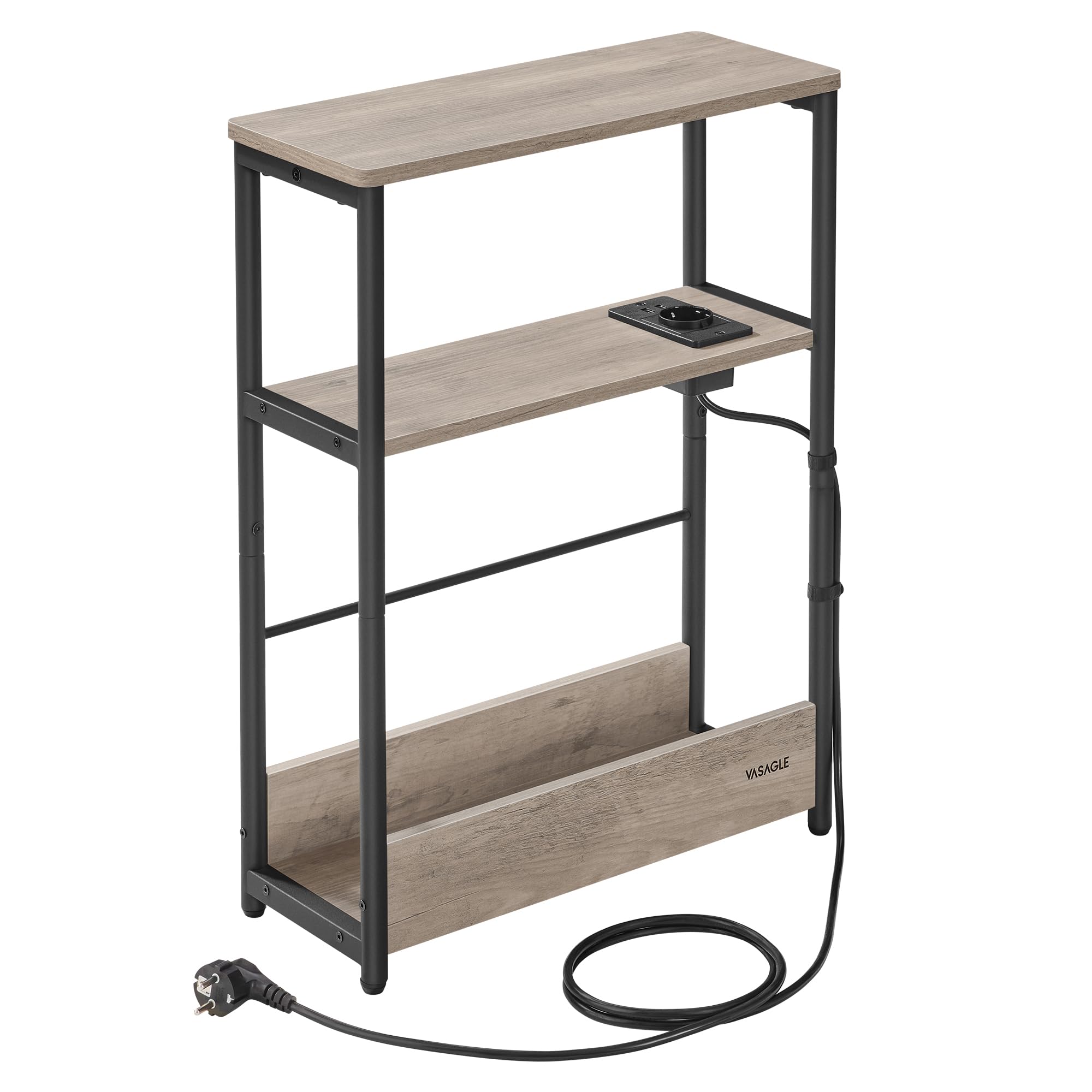VASAGLE Table d’Appoint Fine avec Multiprise, Table de Chevet à 3 Niveaux, Bout de Canapé, pour Petits Espaces, Porte-Magazines, Salon, Chambre, Bureau, Grège Chiné et Noir d'encre LET335K05