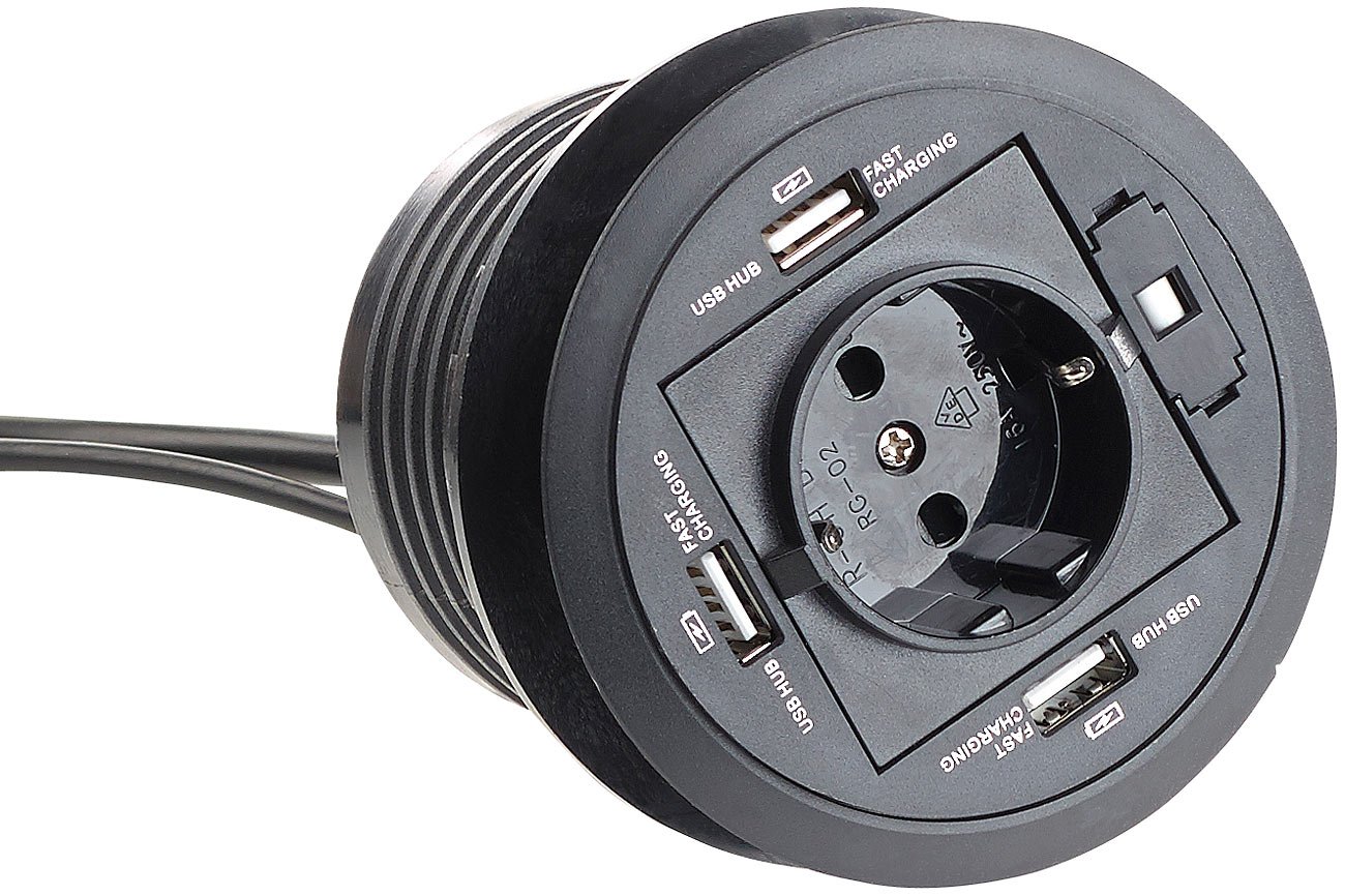revolt Einbau Steckdose: 2er-Set aktive 3-Fach-USB-2.0-Hubs für Tisch-Einbau (Kabeldurchführung, Schreibtisch-Einbausteckdose, Hub)