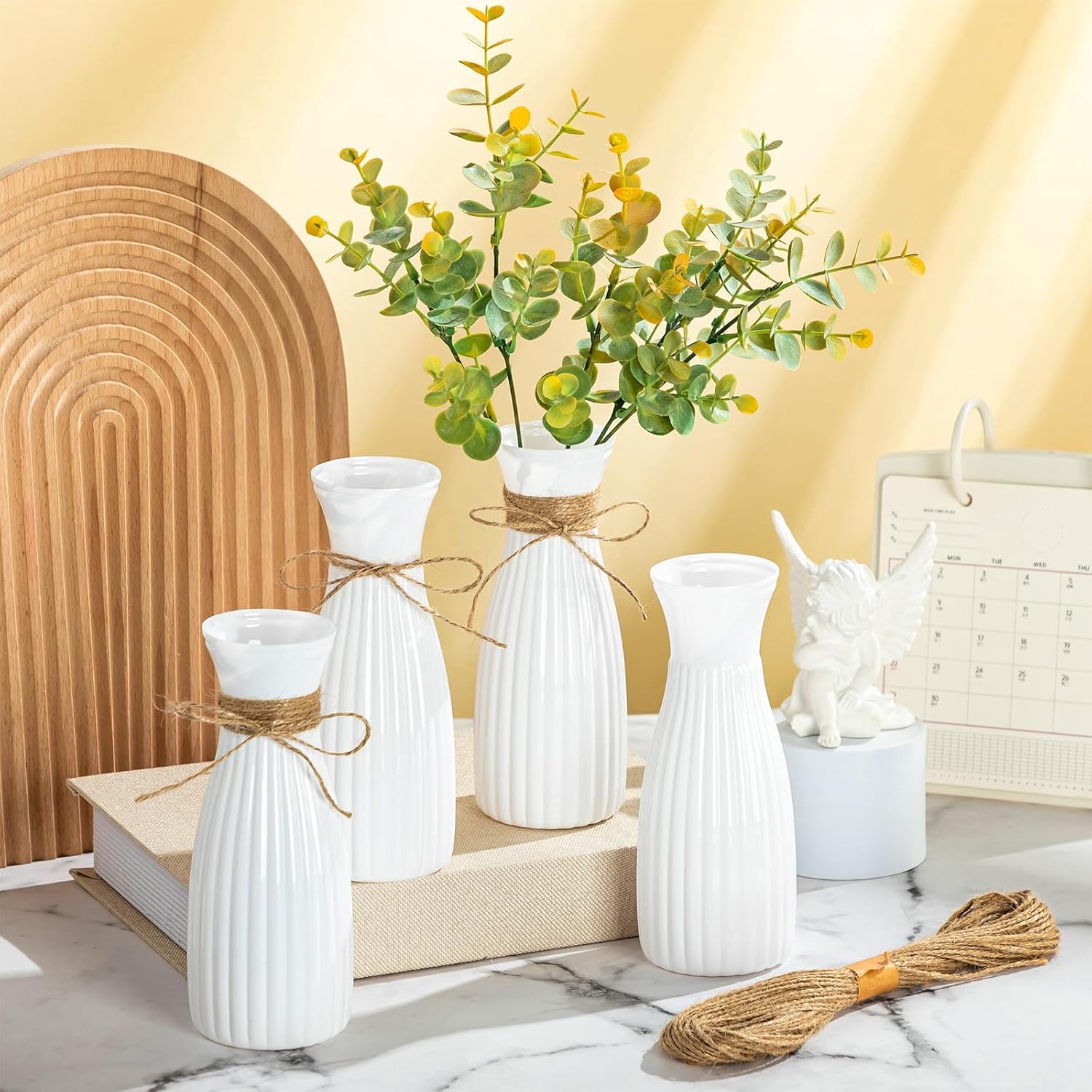 20 Pcs Plastic Flower Bud Vases Bulk with Twines Ropes Small Mini Flower Vases for Centerpieces Decorative Plastic Bottles for Wedding Reception Dining Table Home Decoration (White)