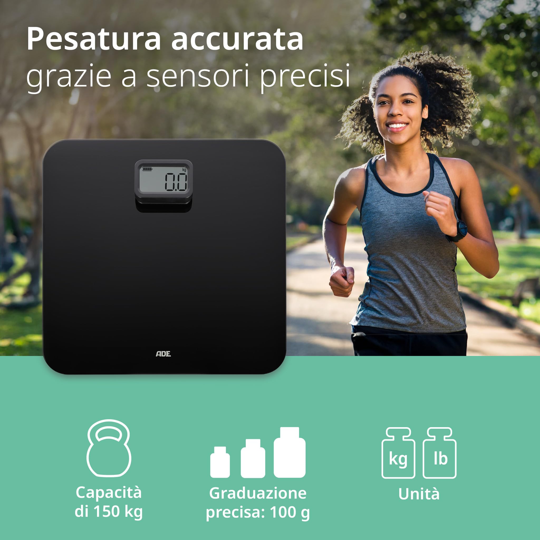 ADE Bilancia pesapersone digitale senza bateria | trazione dinamica rispettosa dell'ambiente | eco sostenibile | fino a 150 kg | nero