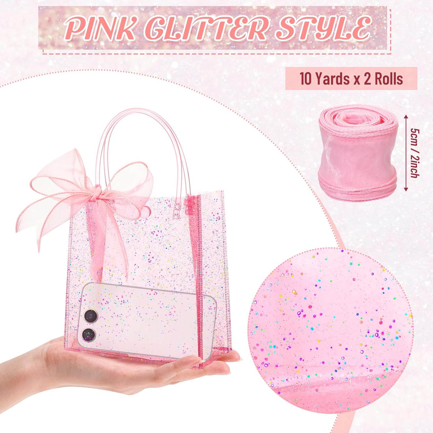 Sayglossy 50 Pcs Clear Pink Gift Bags with Handles 6.1 x 5.9 x 2.8 Inch Wedding Transparent Glitter Tote with Ribbons Reusable PVC Gift Wrap Bags for Baby Bridal Shower Birthday Party
