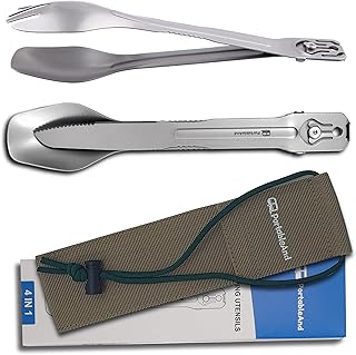 PortableAnd PortableAnd 4-in-1 Camping Utensil Set: Spoon, Spork, Knife, Tongs - Stainless Steel Multi Tool for Outdoor Cooking, Backpacking, Hiking, Picnics - Lightweight Travel Utensil with Carry Bag (1-Pack)