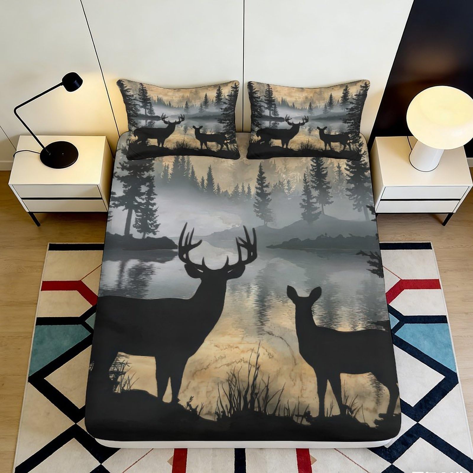 3D Printed Forest Deer Fitted Sheet Microfiber Anti-Slip Soft Dark Lake View Mattress Cover Bedroom Decor 120x200cm 140x200x25cm