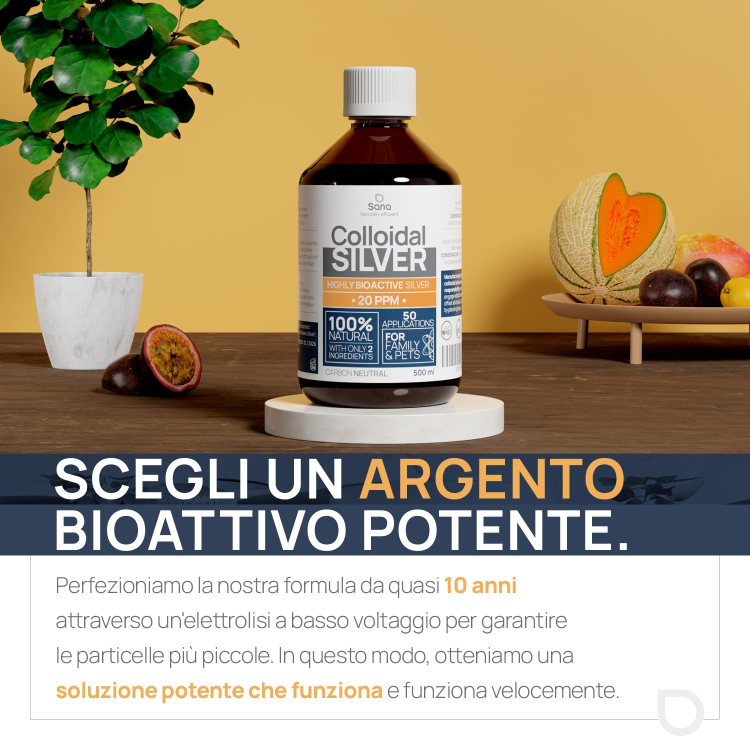 Argento Colloidale Puro 500ml 20 PPM | Per la famiglia & gli Animali (Cani, Gatti) | 100% Naturale : Certificato Cosmos Natural | Carbon Neutral