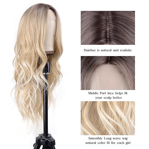 Miniatura 15 de Peluca larga rubia sucia para mujer, parte media, color rubio ceniza, rizada, ondulada, resistente al calor, pelo sintético de aspecto natural