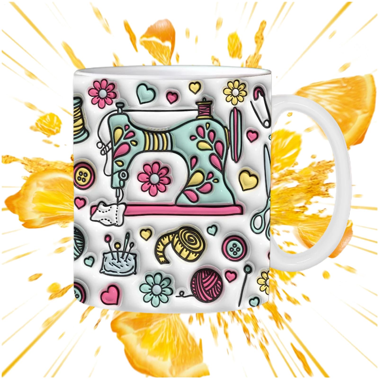 Taza 3D de costura de cerámica con máquina de coser floral para café y té