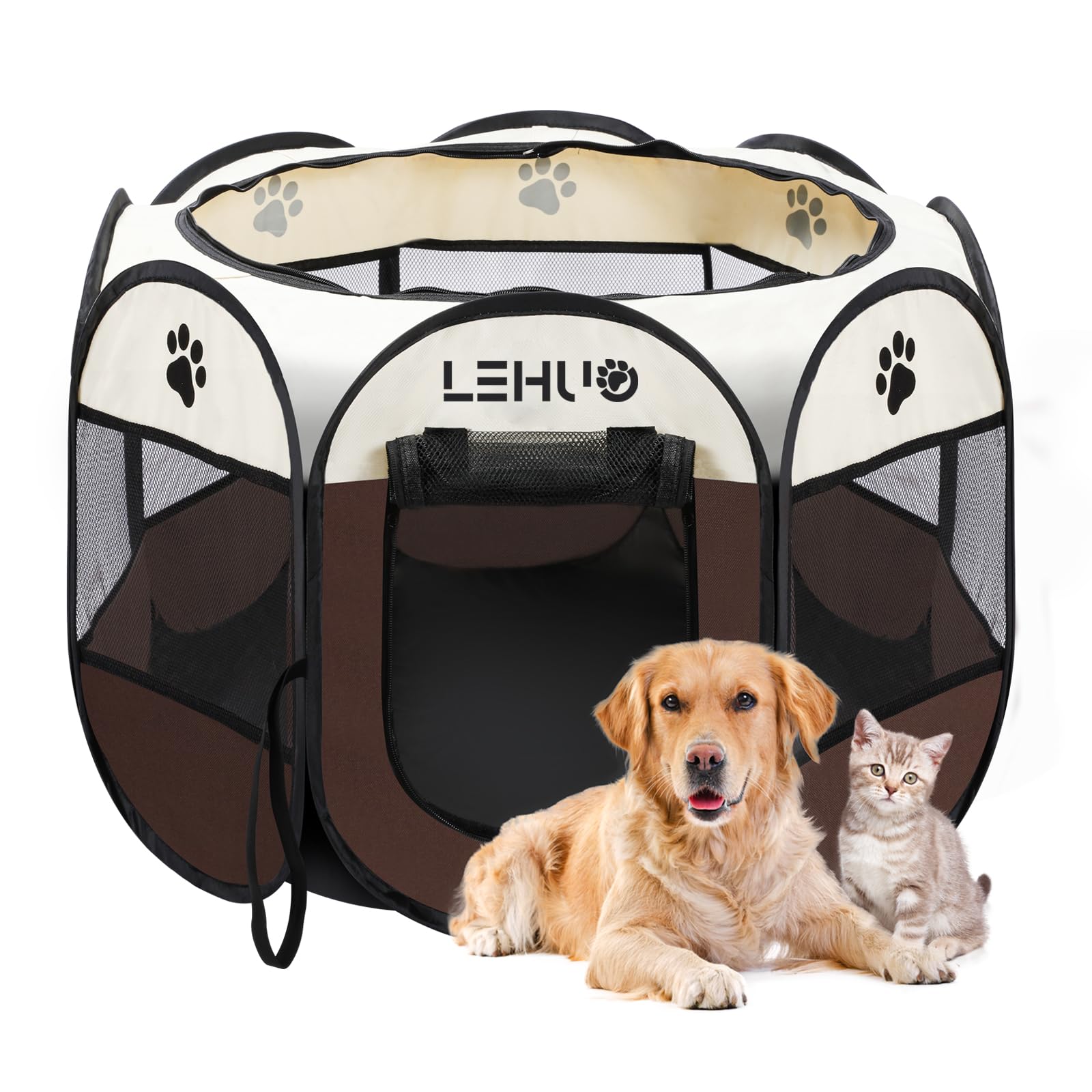 Lehuo Dog Playpen Indoor Portable Foldable Pet Playpen Premium 600d Oxford Cloth 45" Cat Playpen,Removable Zipper Top,Indoor Outdoor Use Bottom Thickening(L-Brown)