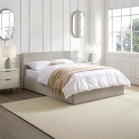 4FT Small Double Gas Lift Up Ottoman Storage Bedframe (H: 88.5cm x W: 138cm x L: 203cm) (Cream Beige)