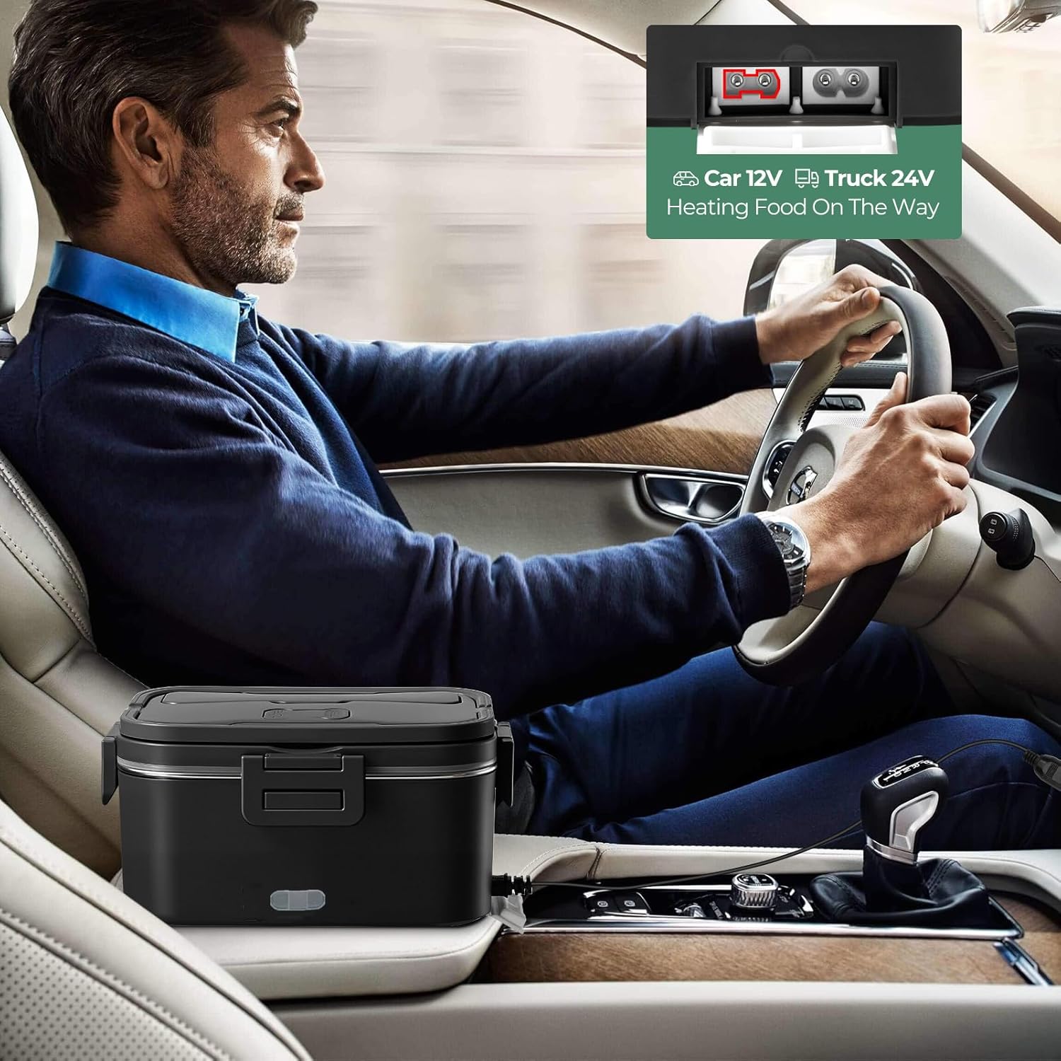 Electric Lunch Box for Adults 100W 1.8L Portable Heated Lunch Box 12V/24V/110V Food Warmer with Removable 304 Stainless Steel Container for Car Truck Office Home(Black)