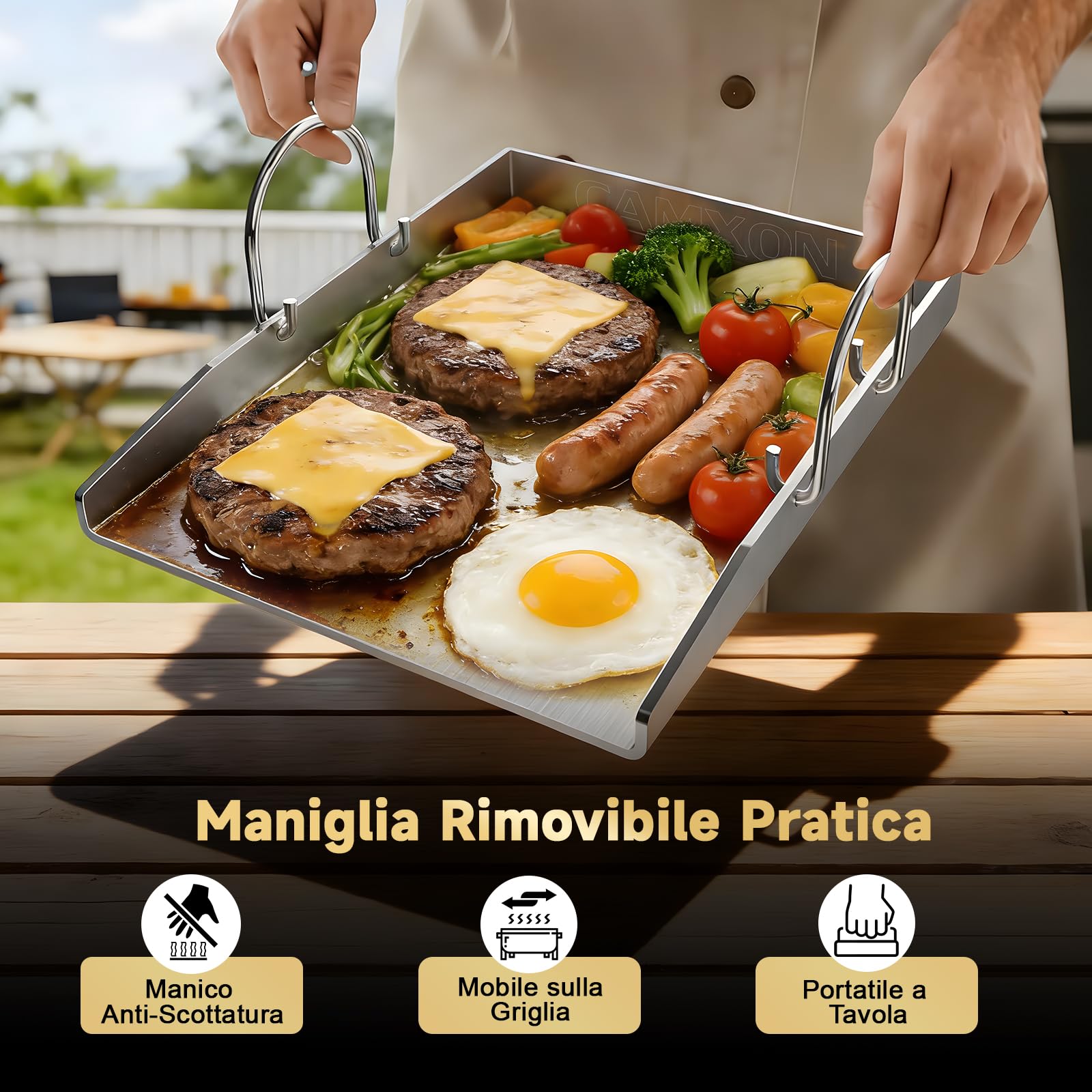 Piastra universale in acciaio inox, 40,5 x 31 cm, spessa 4 mm | Con scarico del grasso, lavabile in lavastoviglie, adatto per barbecue a gas e barbecue a carbone