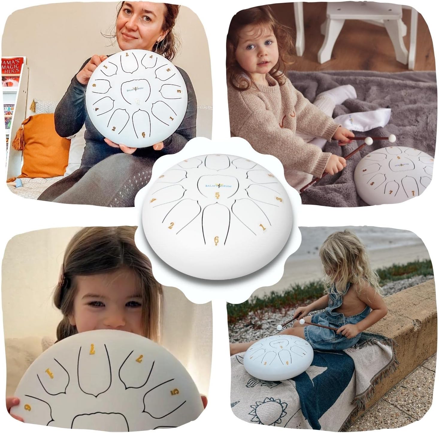The Balmy Drum - 11 Note 10 Inch Steel Tongue Drum, Steel Drum Instrument, Drums For Children and Adults, Balmy Drum Set for Kids with Music Book, Handpan, Mallet and Carry Bag (White)