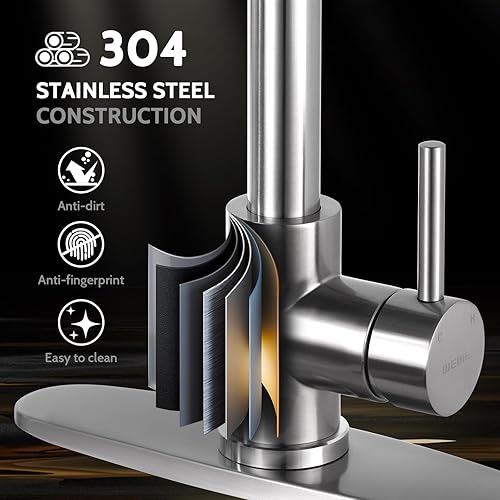 Miniatura 40 de WEWE Llave de cocina dorada cepillado con pulverizador desplegable, llave con resorte de latón/acero inoxidable, un mango, con placa de cubierta, 1