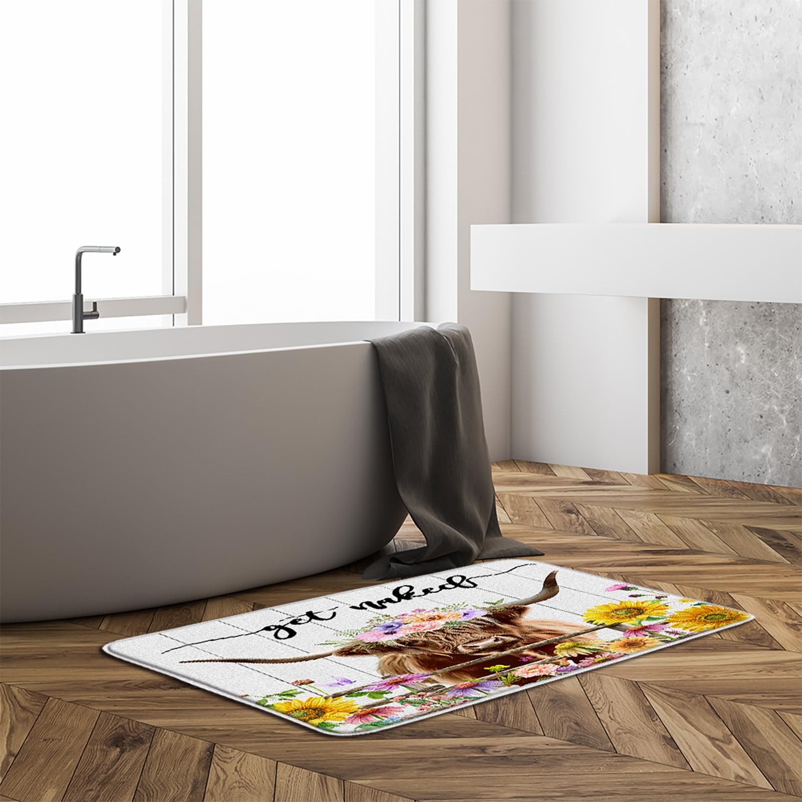 Farmhouse Highland Cow Bath Mat Western Farm Animal Get Naked Sunflower Floral Longhorn Bull Rustic 16