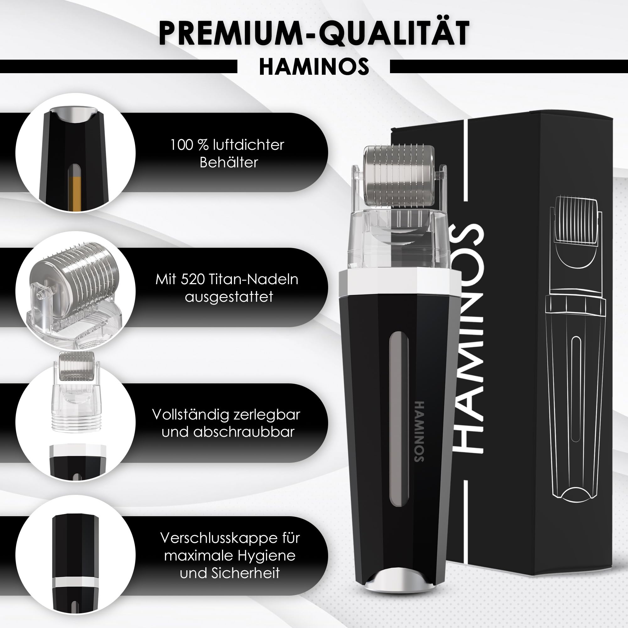 Derma roller 0,5 mm 3.0 mit Tank für Haare, Bart, Haut, Falten, Dehnungsstreifen, Hyperpigmentierung SOFORTIGE SERUMANWENDUNG, 520 Titannadeln