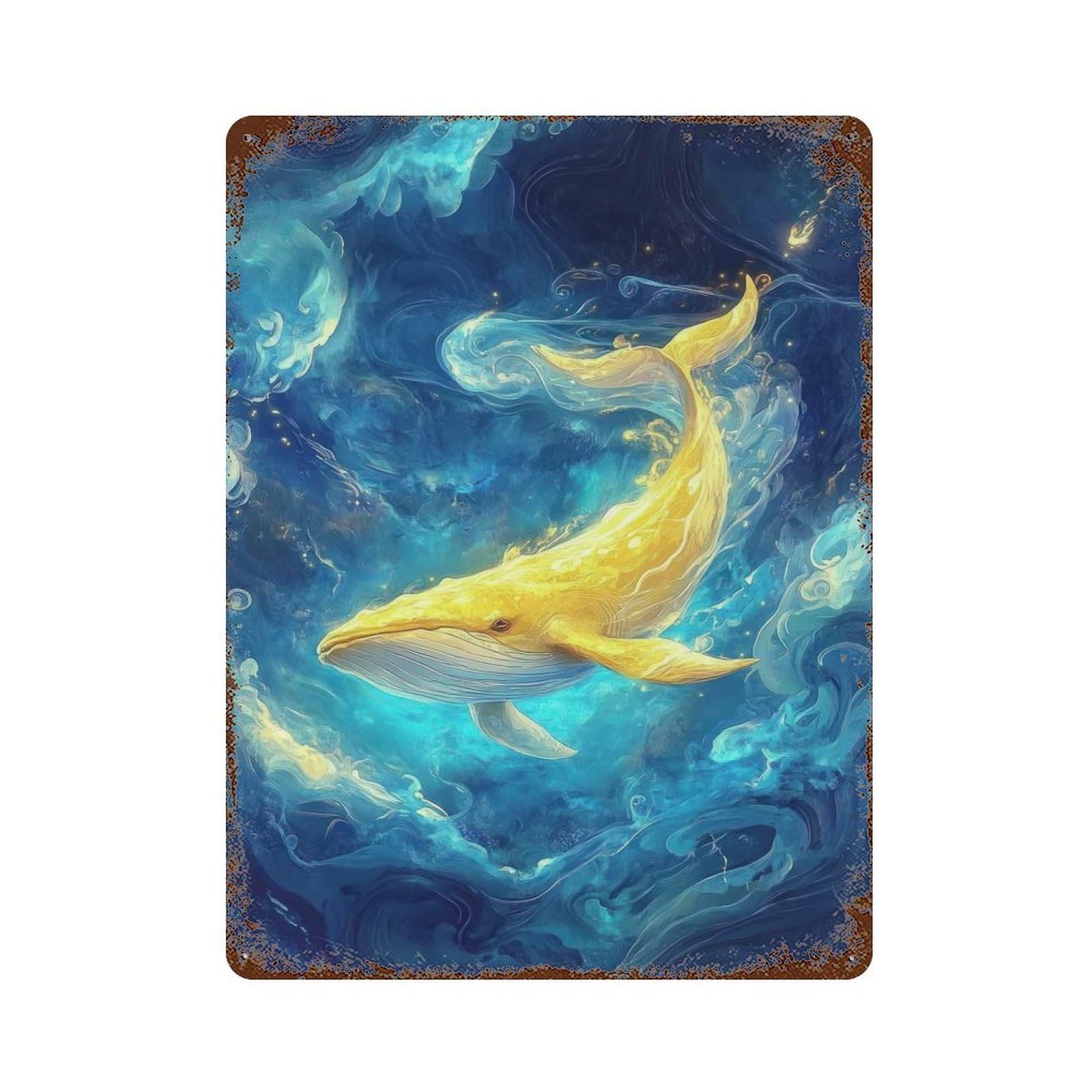 Rusty Metal Tin Sign Golden Whale of The Abyss 15.7"x11.8", Classic Wall Plaque for Cafe, Home Bar And Lounge Decor