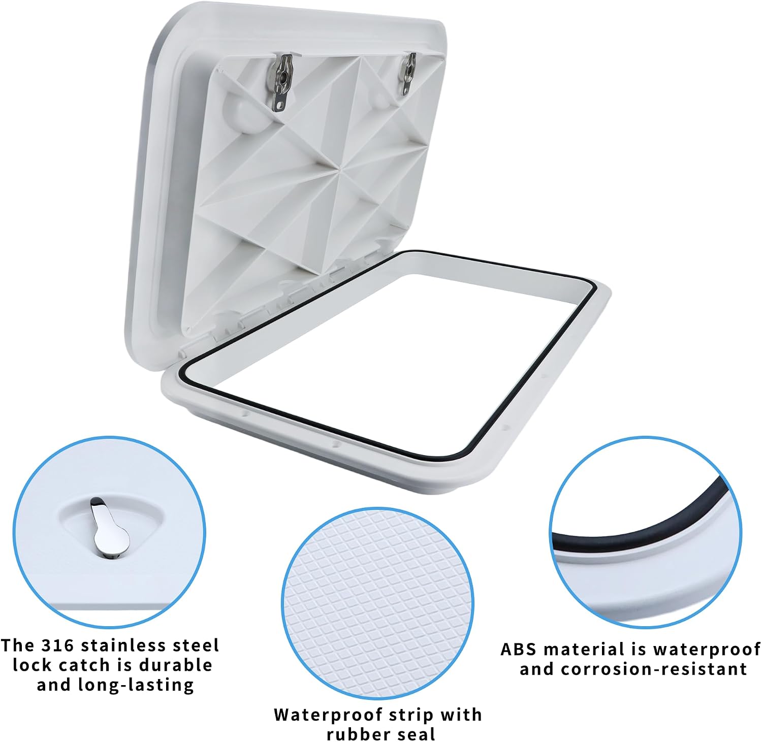 Marine Boat Hatch Deck Cover White/Black Rectangle Boat Hatch & Lid with 316 Stainless Steel Handle for Bass Fishing Yacht Waterproof Sailboat