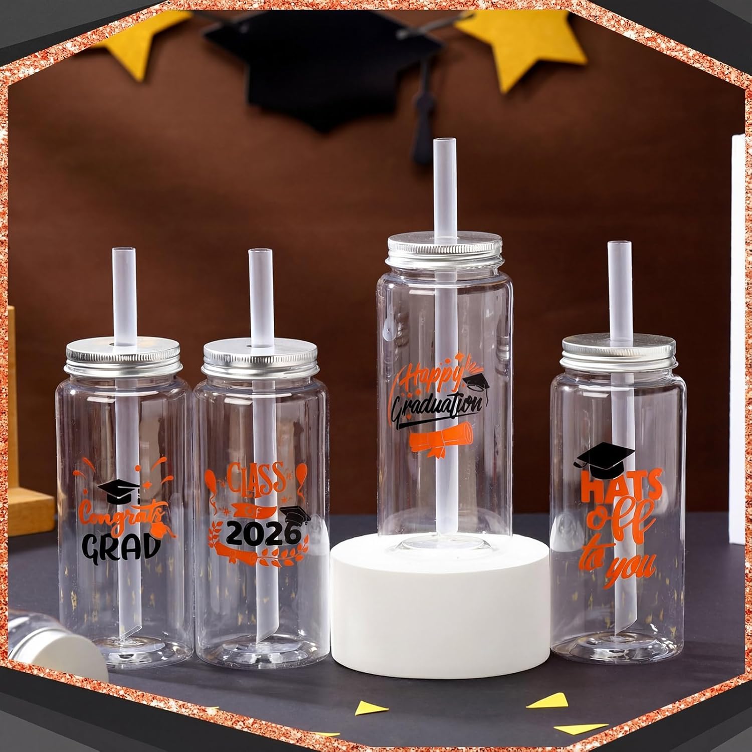 24 Pcs Graduation Cups with Straws Bulk 13.5 oz Class of 2026 Plastic Mason Jars Reusable Tumbler Coffee Tea Hot Cocoa Beverage Happy Graduation Tumbler for Congrats Grad Party Gifts(Orange)