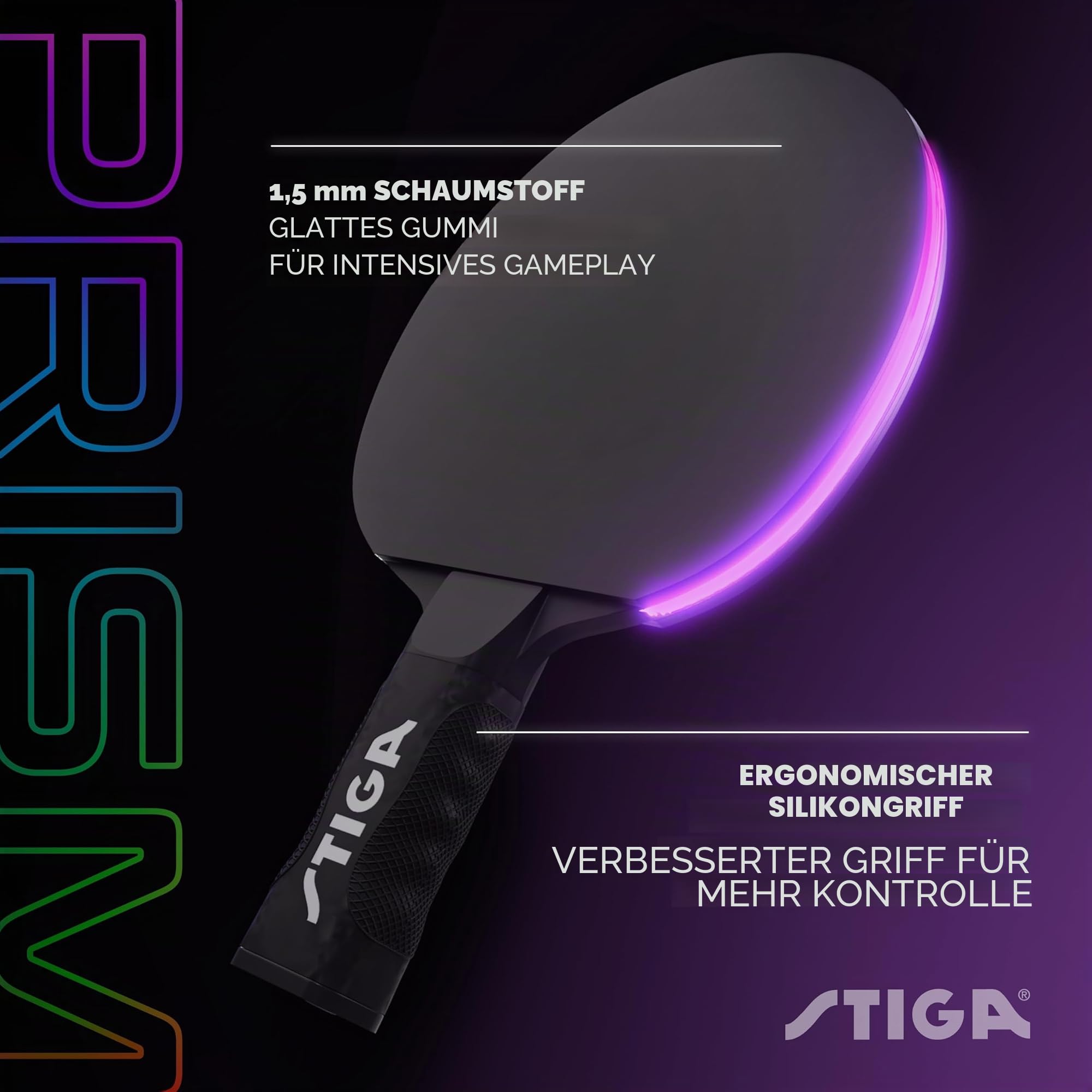STIGA Prism LED-Ping-Pong-Paddel – 5 LED-Farbzyklen – Rot, Blau, Grün, Lila und Weiß – Farbverlaufsmodus – inklusive 3 im Dunkeln leuchtenden Bällen – 1,5 mm Schwamm mit glatten Pips – Silikongriff