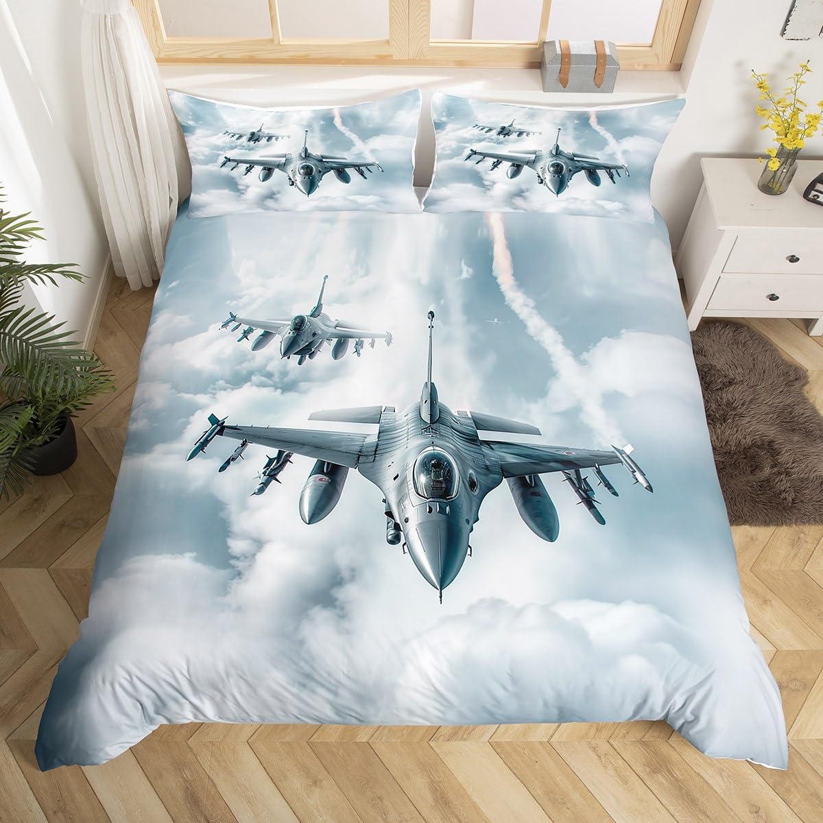 Fighter Plane Duvet Cover Set Cool Silver War Aircraft Bedding Set 3pcs for Kids Grey Sky Clouud Comforter Cover Quilt Cover with 2 Pillow Case(No Comforter) Full Size