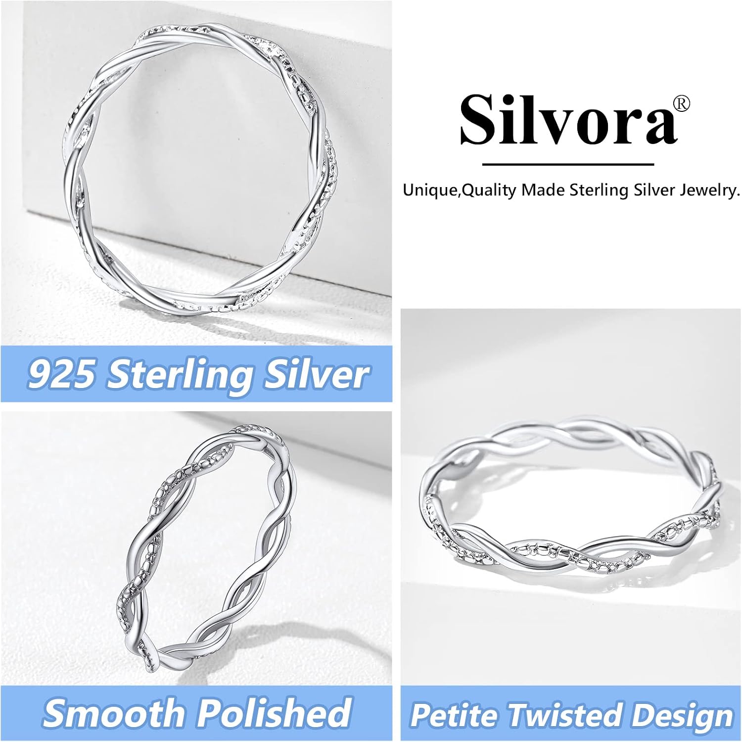 Silvora 925 Sterling Silver Twisted Ring Full Cubic Zirconia Simple Twisted Band Ring for Women Size 4-12