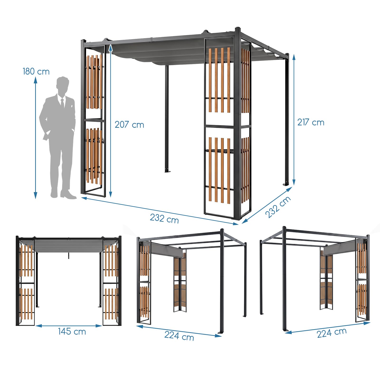 RELAX4LIFE Pergola Jardin Exterieur avec Toit Rétractable, Belvédère pour Patio avec 4 Paravents Lattes, 2 Étagères, Cadre en Acier au Carbone, Tonnelle de Jardin Extérieur pour Terrasse
