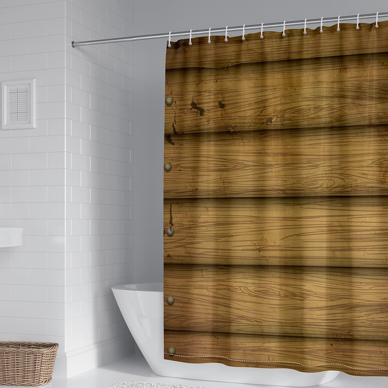 Cortina de ducha con anillas, poliéster amarillo trigo de madera horizontal cortina de ducha con grommets y ganchos, 165 x 180 cm