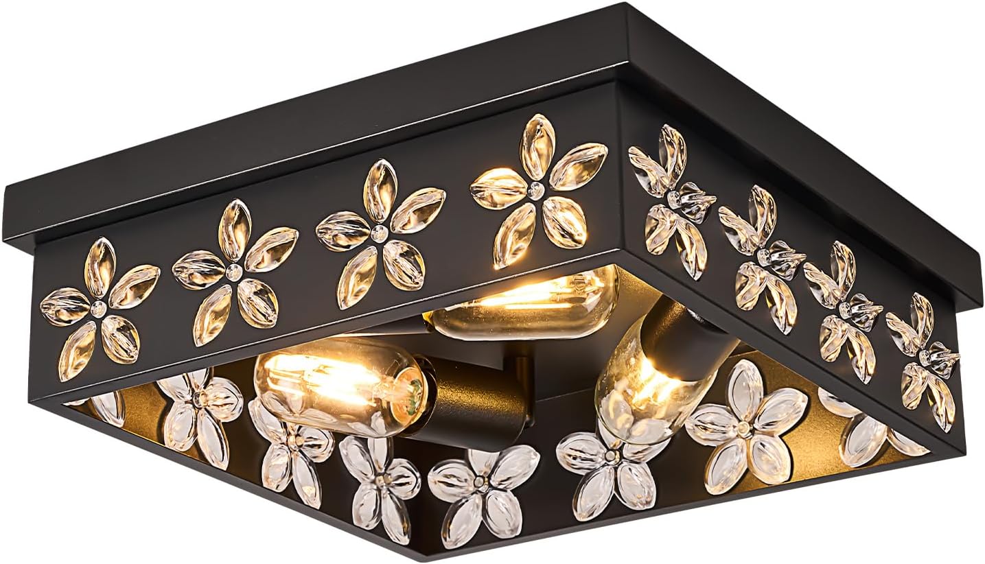 12.6 Inch Flush Mount Ceiling Light Fixtures, 3-Light Black Ceiling Mount for Industrial, ALEC Crystal Light Fixtures for Farmhouse, Living Room, Bedroom, Kitchen, Foyer and Hallway (2 Pack)